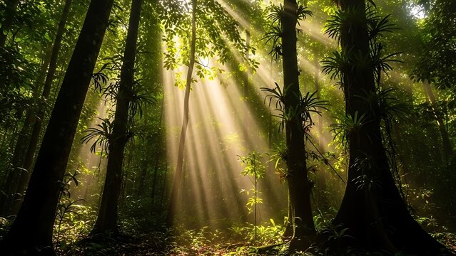 Sunbeams pierce through lush rainforest canopy illuminating vibrant green foliage.