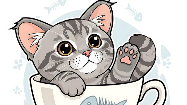 Cute tabby kitten peeking out of a coffee mug waving hello - Powered by Adobe