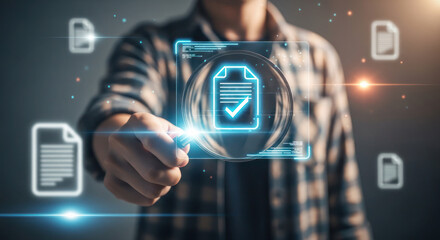 Individual holding magnifying glass over digital document with checkmark, showcasing innovative technology and data verification in modern workspace