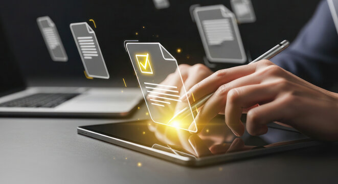 Digital tablet being used for document signing with glowing icons, showcasing modern technology and innovation in digital paperwork solutions