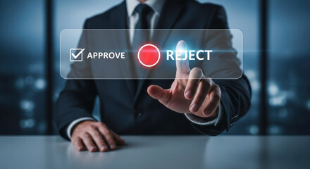 Business professional in suit interacts with digital approval interface, showcasing decision-making process in modern corporate environment