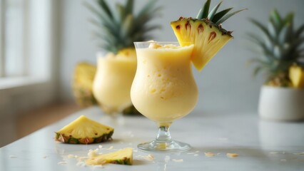 Refreshing Pineapple Smoothie with Garnish, Tropical Drink, Summer Vibes.
