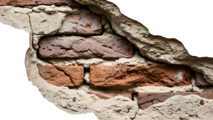 Close up of weathered red and brown bricks with crumbling plaster texture isolated on a transparent background