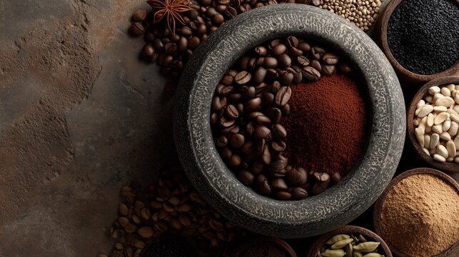 Rich coffee beans and spices in rustic bowls offer a warm, inviting culinary experience for food lovers and professional chefs alike, a fragrant kitchen staple