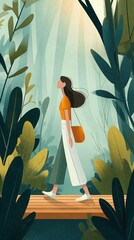 Outdoor walk in forest, person enjoying fresh air, relaxed posture, wellness vibe.