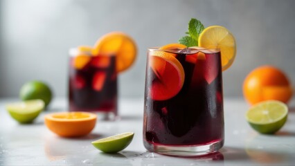 Refreshing Red Wine Sangria: Vibrant Citrus & Ice Cubes in Crystal Glass