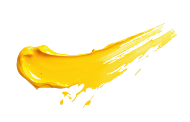 Single thick brushstroke of bright yellow paint, dripping and smeared, PNG, isolated on transparent background.