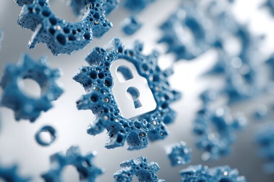 Blue gears with a padlock symbolize digital security, data protection, and online privacy in technology