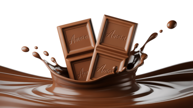 Artistic Presentation Showcasing Two Chocolate Pieces Falling Into Splash Of Liquid Chocolate In Isolated Gray Checkered Background Displaying Decadence In Confectionery