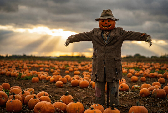 A rustic scarecrow with a carved pumpkin head standing with open arms in a vast field of orange pumpkins during the autumn harvest season under a dramatic sky.