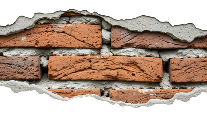 Close up of weathered red brick wall with crumbling mortar and plaster isolated on a transparent background