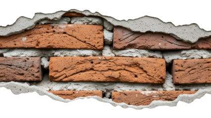 Close up of weathered red brick wall with crumbling mortar and plaster isolated on a transparent background
