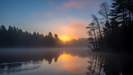 Obraz premium Misty Morning Radiance: Sun Rising Over a Rippled Serene Forest Lake.
