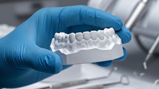 Dental model creation with blue gloves in laboratory