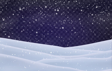 Night snow falling on snowdrifts, snowflakes and blizzard. Snow landscape decoration, frozen hills isolated on png. Vector heavy snowfall with snowbanks field. Christmas vector illustration.