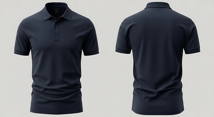 Front and back view of a dark blue polo shirt, a classic and comfortable mens casual wear garment, ideal for branding mockups
