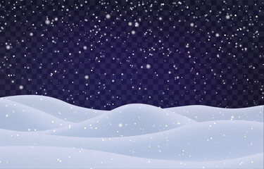 Night snow falling on snowdrifts, snowflakes and blizzard. Snow landscape decoration, frozen hills isolated on png. Vector heavy snowfall with snowbanks field. Christmas vector illustration.