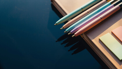 Pastel pens and sticky notes resting on a tan notebook for organization and planning