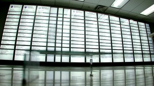 Wall display showing company partners, sponsorship and teamwork, indoor business architecture, with bright lights. Partner network success.