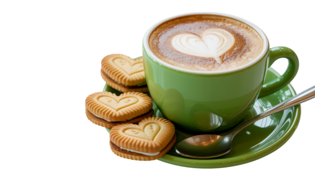 Coffee latte art with heart shape in green mug and sweet biscuit cookies on green plate with spoon for beverage and snack food breakfast caffeine