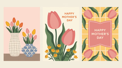 Happy Mother's Day floral greeting cards featuring charming tulip illustrations in vases and bouquets, perfect for heartfelt celebrations
