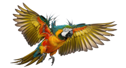 Colorful macaw parrot in flight isolated PNG with Transparent Background