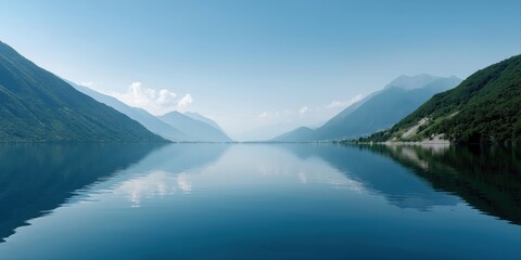 Tranquil mountain lake reflection under clear blue sky
