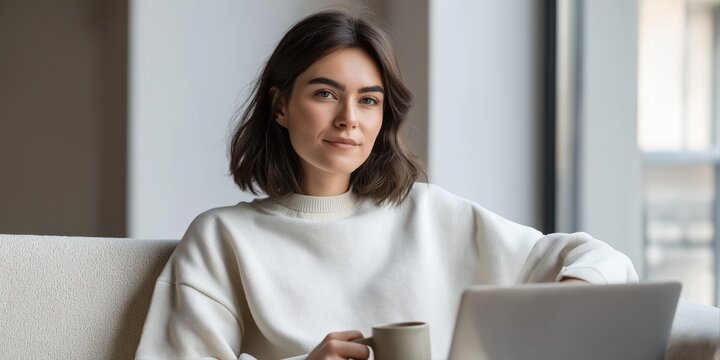 Young caucasian woman relaxing with coffee and laptop in cozy living room