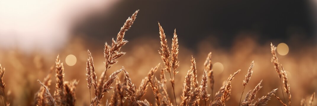 Golden wheat field at sunset with soft focus and warm light