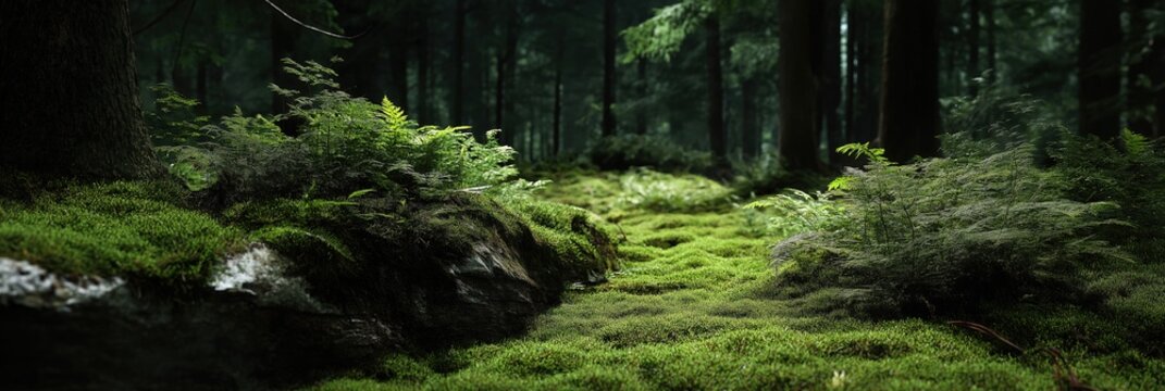 Lush green forest path with moss and ferns