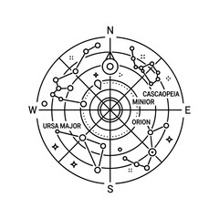 Minimalist Constellation Map with Compass and Major Northern Sky Stars