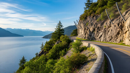 Breathtaking mountain road winding beside a serene blue lake, bordered by lush forests and a rugged cliff under a vibrant sky, offering an epic scenic drive