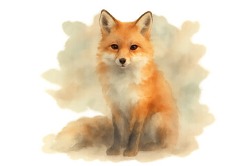 Naklejka premium Red fox watercolor painting sitting and looking forward. Wildlife illustration artwork with a transparent background
