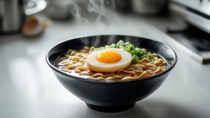 Ramen bowl with egg and greens