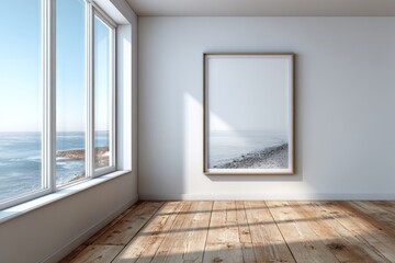 Fototapeta premium Bright coastal room interior features large window overlooking blue water and framed artwork on a white wall