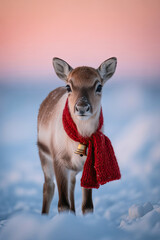 Young reindeer wearing a bright red knitted scarf with a bell stands in a snowy landscape, showcasing the beauty of winter and festive spirit in nature
