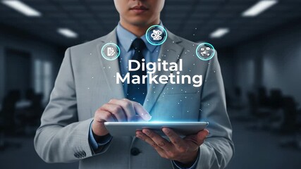 Businessman holding tablet with glowing digital marketing text and icons above in dark blurred corporate background, marketing strategy, ad performance - Powered by Adobe
