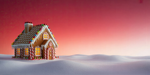 Gingerbread house decorated with colorful icing and candy stands in a snowy landscape under a vibrant sunset sky, evoking a warm holiday atmosphere with copy space