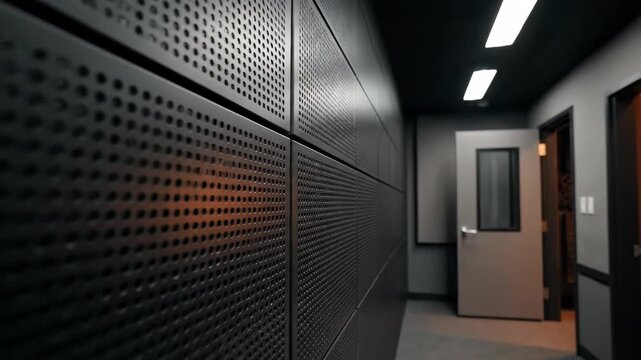 Acoustic panels create soundproofing in a studio. Sound proofing with doors in recording studio.