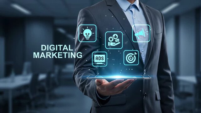 Businessman holding tablet projecting holographic digital marketing text and icons in dim high tech workspace, marketing strategy, ad performance