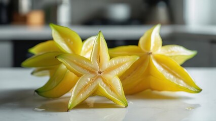 Star fruit slices on white surface