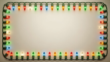 Fototapeta premium Colorful string lights arranged in a rectangular frame on a neutral background, creating a festive atmosphere perfect for holiday celebrations and seasonal decorations