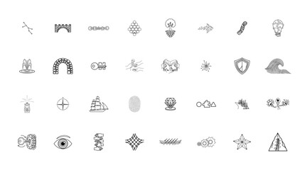 Collection of minimalist hand drawn icons on white background for design elements
