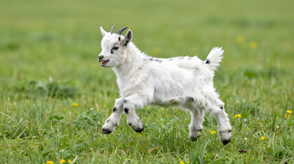 Baby goat jumping playfully in a green meadow joyful action shot