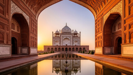 Magnificent Taj Mahal at Sunrise, a Timeless Symbol of Love and Architectural Brilliance in India