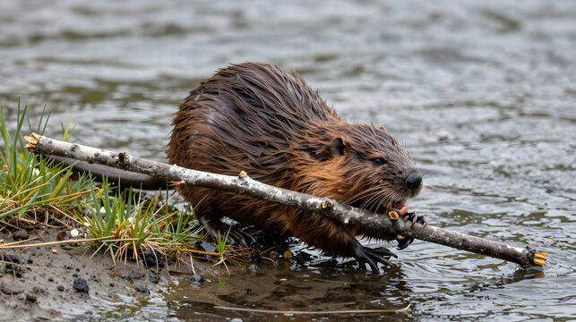 Beaver carrying a branch across a riverbank natural wildlife moment - Powered by Adobe