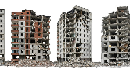 Collapsed apartment buildings with rubble piles in front of a isolated on a transparent background destruction