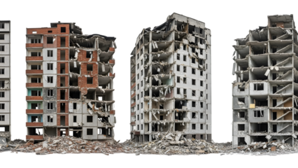 Collapsed apartment buildings with rubble piles in front of a isolated on a transparent background destruction