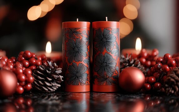Two tall red candles with black floral patterns sit on a table with ornaments and pine cones, lit by warm lights