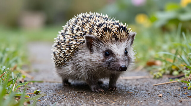 Hedgehog exploring a garden path with morning dew cute close up - Powered by Adobe